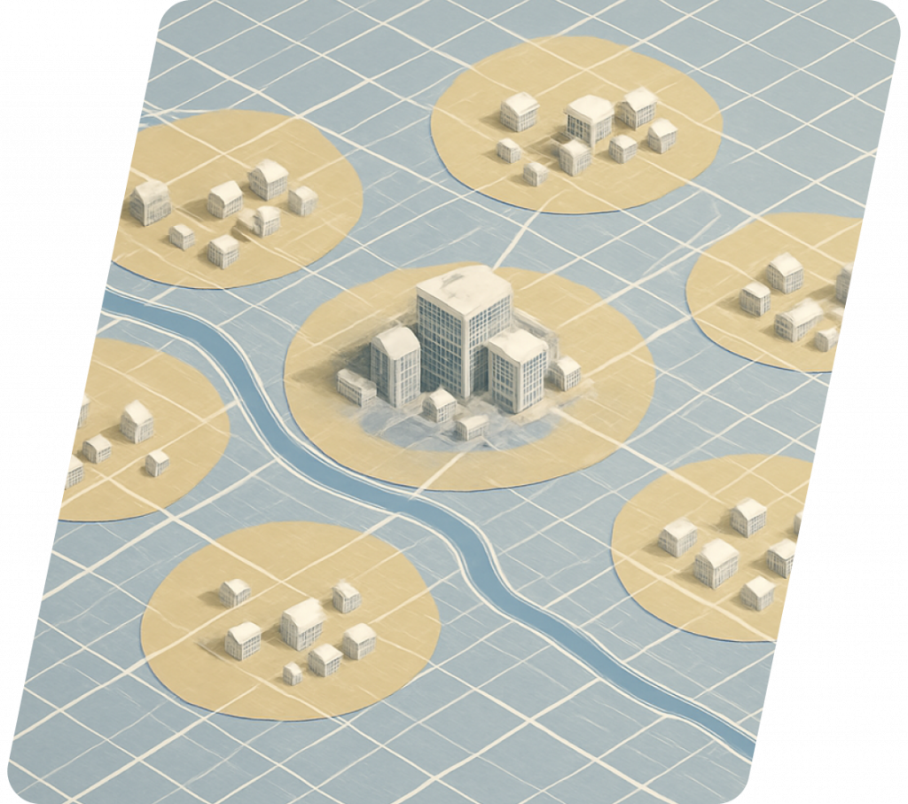 schematische Darstellung einer Metropolregion mit gelben Kreisen, die Einfludssareale darstellen